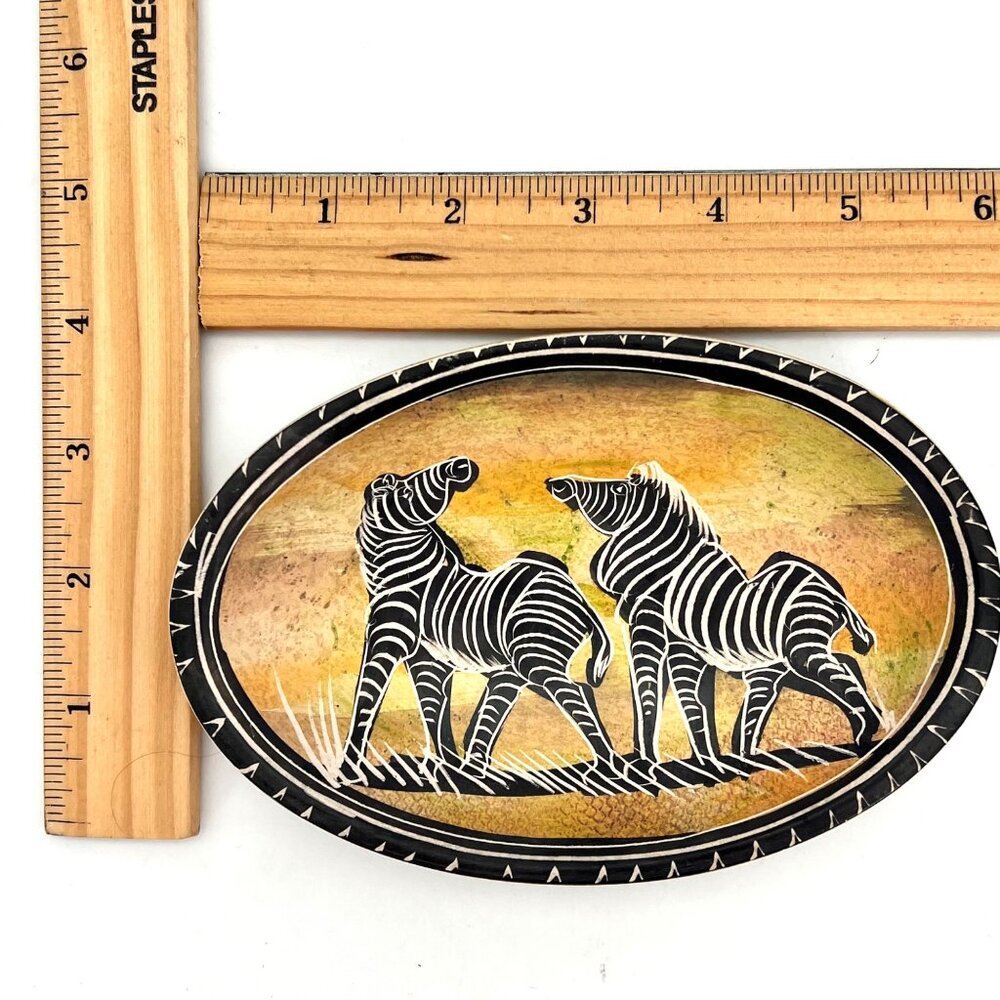 Zebra Oval Trinket Dish Hand Carved Painted Wood Africa Safari Theme Home Decor - Picture 5 of 7